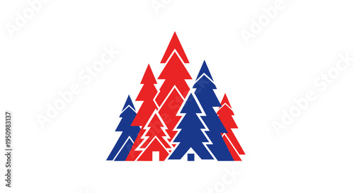 Abstract Red and Blue Pine Trees Forest Geometric Shape Isolated on White Background