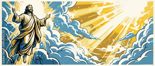 Ascension Day Celebration with Christ Ascending to Heaven Through Dynamic Clouds