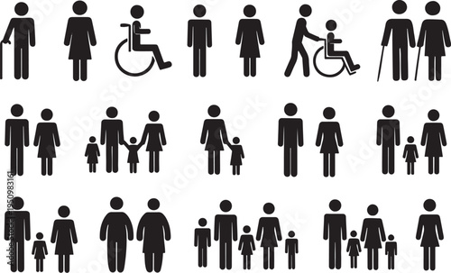 Diverse group of stick figure people including those with disabilities in a black and white composition