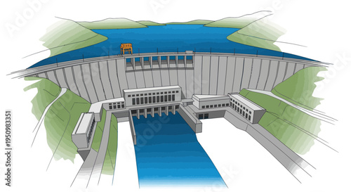 Hydroelectric Dam, Reservoir, Power Generation, Blue Water, Green Hills - Illustration