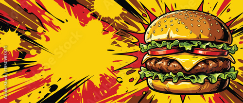 Hamburger Close Up with Sesame Bun Melted Cheese Lettuce Tomato