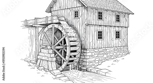Konstfotografi Rustic Wooden Watermill with Stone Foundation and Flowing Stream, Vintage Illust