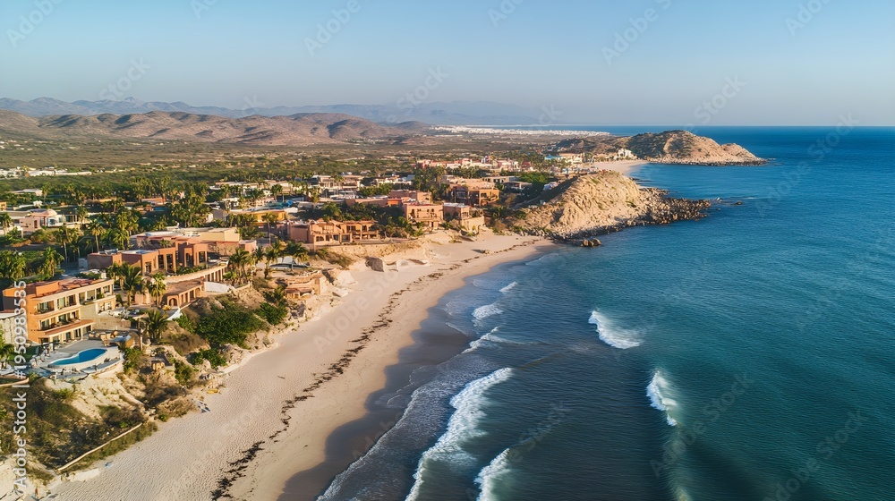 Fototapeta premium Aerial View of a Coastal Town with Hotels and a Sandy Beach