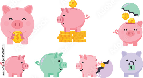 Piggy Bank Saving Money Concept Set with Coins Lock and Umbrella Financial Security Budget Investment and Personal Finance Vector Illustration