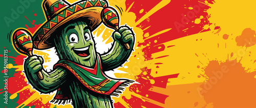 Fiesta Cactus Maracas Player Celebrating Cinco De Mayo with Sombrero