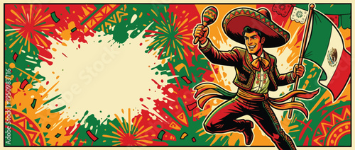 Cinco De Mayo Fiesta Celebration with Man in Sombrero Holding Flag and Maraca