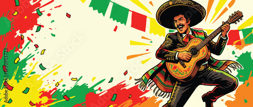 Mexican Mariachi Musician Playing Guitar in Dynamic Festive Pose