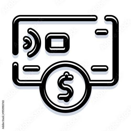 Digital transaction concept with a credit card icon featuring contactless payment waves and a dollar coin symbol, representing modern financial exchange and money handling