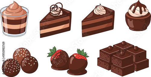 Chocolate Dessert Vector Illustration Set Featuring Chocolate Cake Slices, Truffles, Chocolate Covered Strawberries, Brownies and Sweet Cocoa Treats