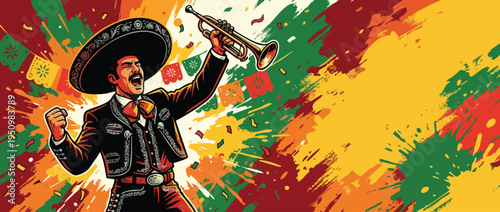 Cinco De Mayo Mariachi Singer Celebrating with Trumpet and Colorful Confetti