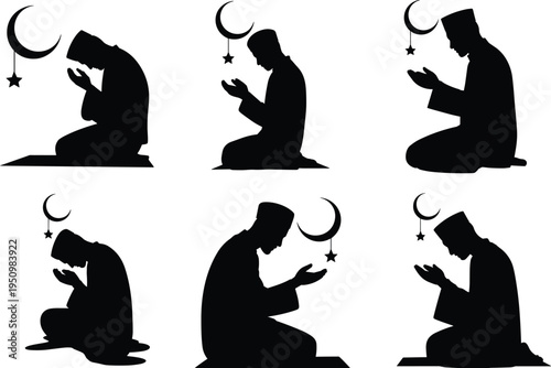 Muslim man praying silhouette collection with crescent moon and star, Islamic prayer Ramadan worship vector illustration set