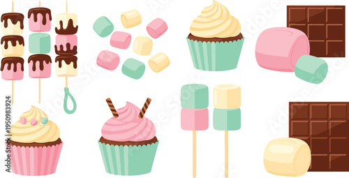 Sweet Candy and Dessert Vector Illustration Set Featuring Marshmallows, Chocolate Bars, Cupcakes, Lollipops and Colorful Confectionery Treats