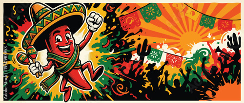 Chili Pepper Mascot Celebrating a Cinco De Mayo Fiesta with Maracas