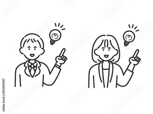 ビジネスマンとビジネスウーマンがひらめくイラスト素材セット　線画のみ