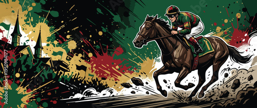 Galloping Racehorse and Jockey on Field with Grandstand in Artistic Splatter Illustration