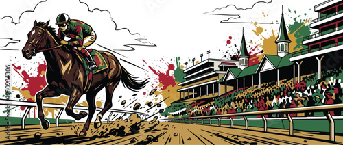 Galloping Racehorse and Jockey on Derby Racetrack with Dirt Flying Illustrative Art