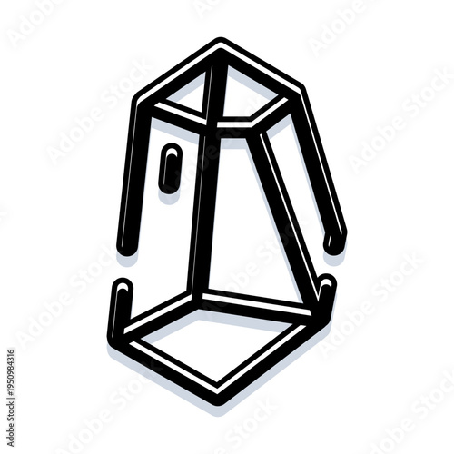 Abstract simple line art drawing featuring a suspended geometric frame structure, showcasing minimalist design and a modern digital concept in an isometric view on a clean white background