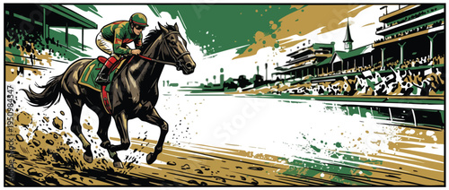 Racehorse and Jockey Galloping Across Derby Racetrack with Dirt Flying