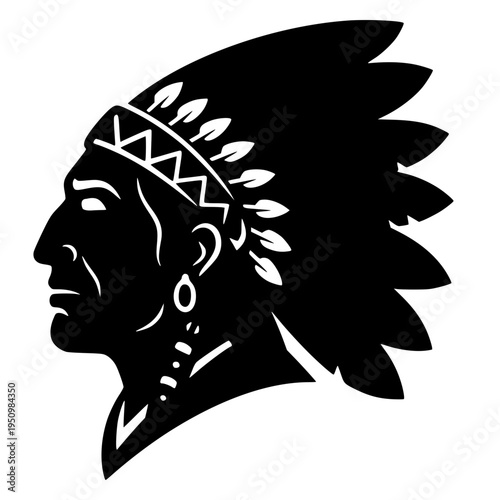 High-contrast black vector silhouette of a Native American leader in profile. The illustration features an intricate feathered war bonnet, a decorative headband, and an earring