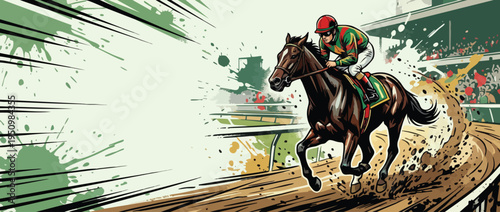 Galloping Racehorse and Jockey on Track with Dirt Flying Dynamic