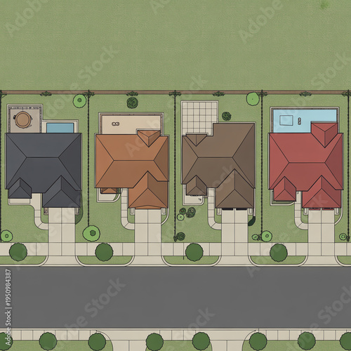 Aerial view of four colorful houses in a suburban neighborhood with green lawns and a street