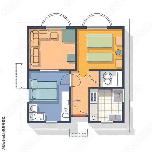 Colorful 2 d floor plan of a small family apartment with blue bedroom and orange living area