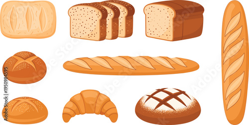 Bakery Bread Vector Illustration Set Featuring Sliced Loaf, Baguette, Croissant, Artisan Bread Rolls and Fresh Baked Bakery Products