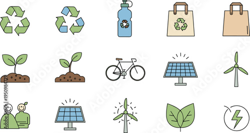 Eco Friendly Sustainability Icon Vector Set Featuring Recycling Symbols, Reusable Bag, Water Bottle, Bicycle, Solar Panel and Wind Energy
