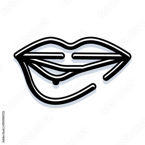 Lips gently biting lower lip in a seductive, flirty outline illustration with soft shadow modern, minimal line art conveying sensuality, allure and playful glamour