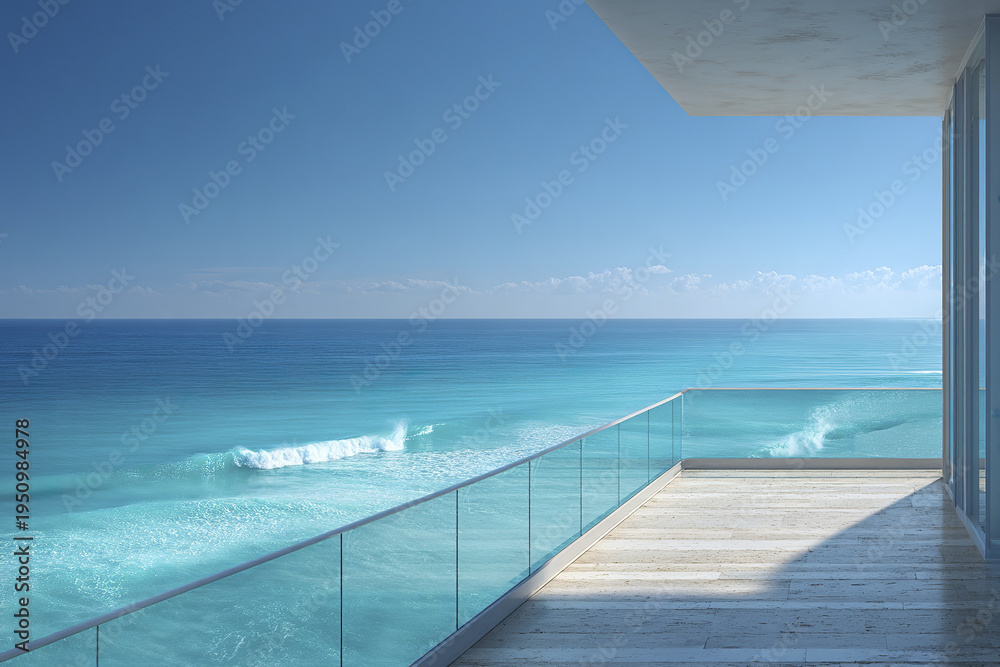 Obraz premium Luxury oceanfront balcony with glass railing overlooking turquoise ocean waves under clear blue sky on sunny day