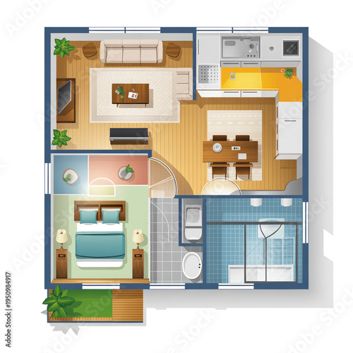 Colorful 2 d view of a modern open floor plan apartment with blue bedroom and bathroom