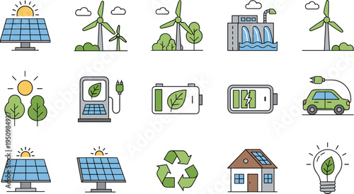 Renewable Energy and Green Technology Icon Vector Set Featuring Solar Panels, Wind Turbines, Electric Car, Battery, Recycling and Eco Power Systems