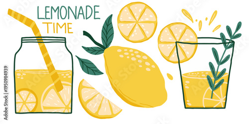Lemonade time vector set with fresh lemon fruit, juice jar, and glass. Hand drawn lemonade elements set for summer cafe menu and kitchen decor