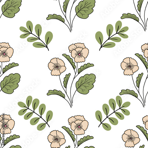 Vintage pansy flower and green leaves seamless pattern vector. Elegant botanical seamless pattern for textile and wallpaper design