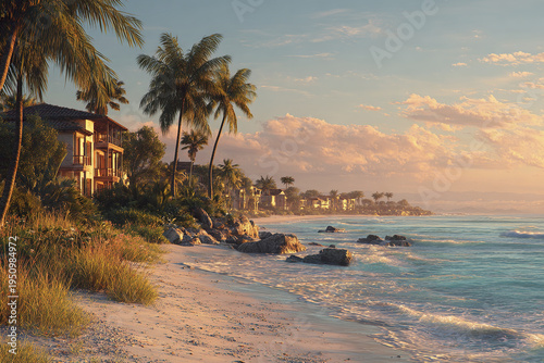 Tropical beach with palm trees and luxury oceanfront houses at sunset, calm waves gently touching sandy shore creating peaceful and warm coastal atmosphere