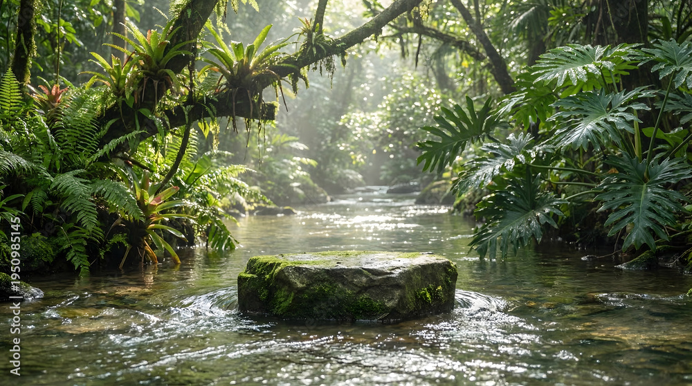 Fototapeta premium Natural Stone Stage in Lush Tropical Garden by the Water