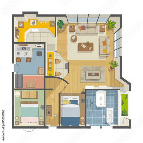 Colorful 2 d view of a modern open plan apartment with yellow walls and blue bathroom
