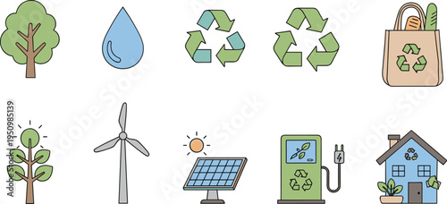 Eco Friendly Sustainability Icon Vector Set Featuring Tree, Water Drop, Recycling Symbols, Wind Turbine, Solar Panel and Green Energy Elements
