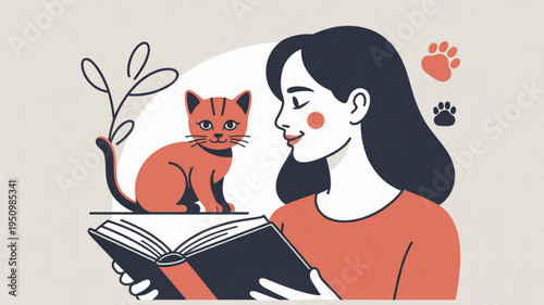 Woman reading book with adorable orange cat on her shoulder in minimalist style illustration