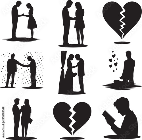 black silhouettes of people and hearts on white background