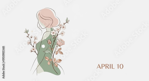 Woman's face with flowers in hair green leafy background soft pink and white hues serene expression april date
