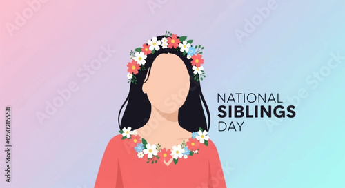 National siblings day illustration with woman wearing floral crown and pink shirt on pastel background