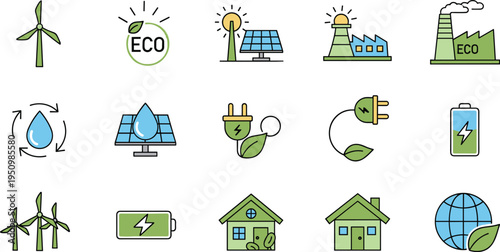 Eco Energy and Renewable Power Icon Vector Set Featuring Wind Turbine, Solar Panels, Battery, Electric Plug and Green Technology Symbols