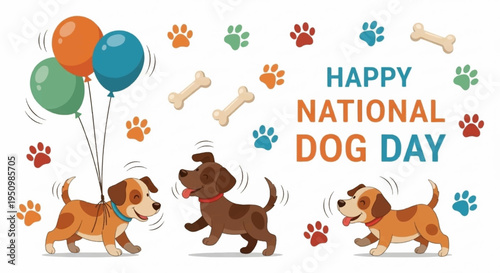 Happy national dog day celebration with playful dogs and balloons