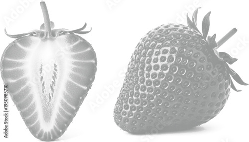 Realistic strawberry fruit halftone design concept with black dots texture and detailed cross section isolated on white background.