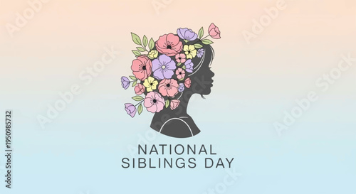 National siblings day celebration with silhouette of a person and flowers symbolizing family bonds and relationships on a pastel background