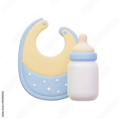 Baby bottle and blue polka dot silicone bib for feeding and mealtime protection