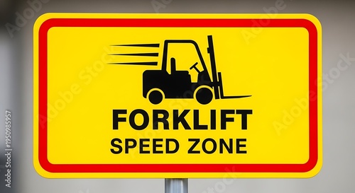 A yellow rectangular safety sign indicating a designated forklift speed zone in a warehouse area