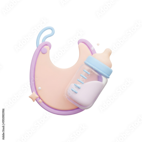 Baby bib and bottle pastel colors 3d illustration baby care feeding time nursery parenting infant accessories