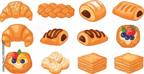 Bakery Pastry Vector Illustration Set Featuring Croissants, Sweet Rolls, Danish Pastries, Cream Puffs and Layered Puff Pastry Desserts